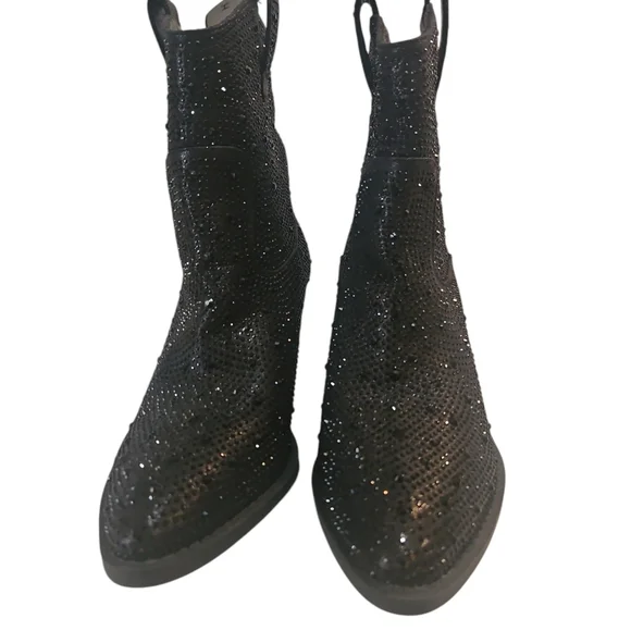 FOREVER RiverWomen Rhimestone Block Chunky Heel Black Glitter Ankle Boots Size 7 - Picture 6 of 13